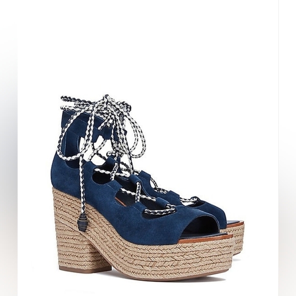 TORY BURCH Positano Suede Lace Up Platform Heel Women Sandals Size 9.5 Blue Beig - Picture 3 of 14